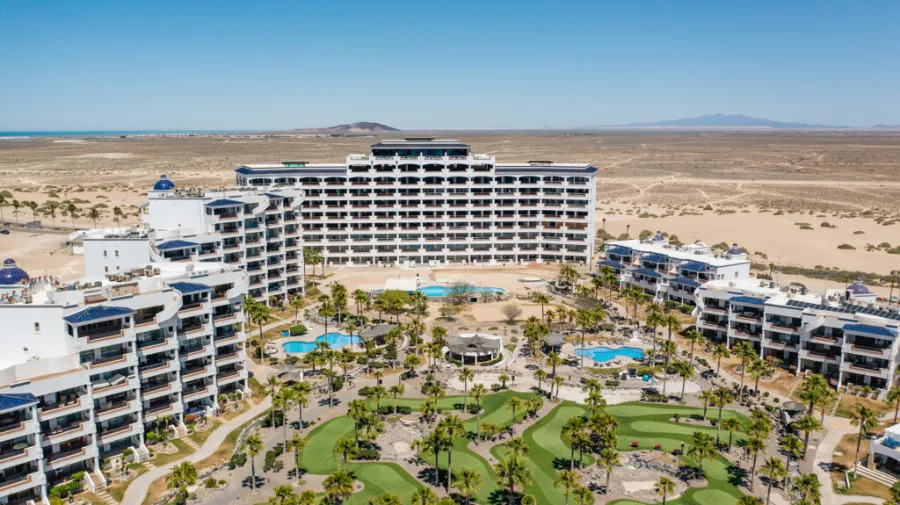 Aerial view of Casa Blanca Golf Villas towers, pools and mini golf in Rocky Point
