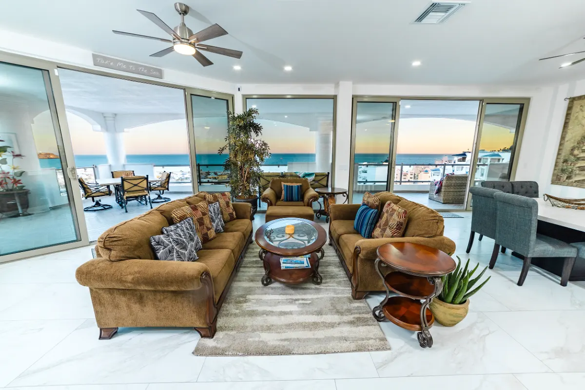 Penthouse living room with ocean-view terrace at Casa Blanca Golf Villas, Rocky Point